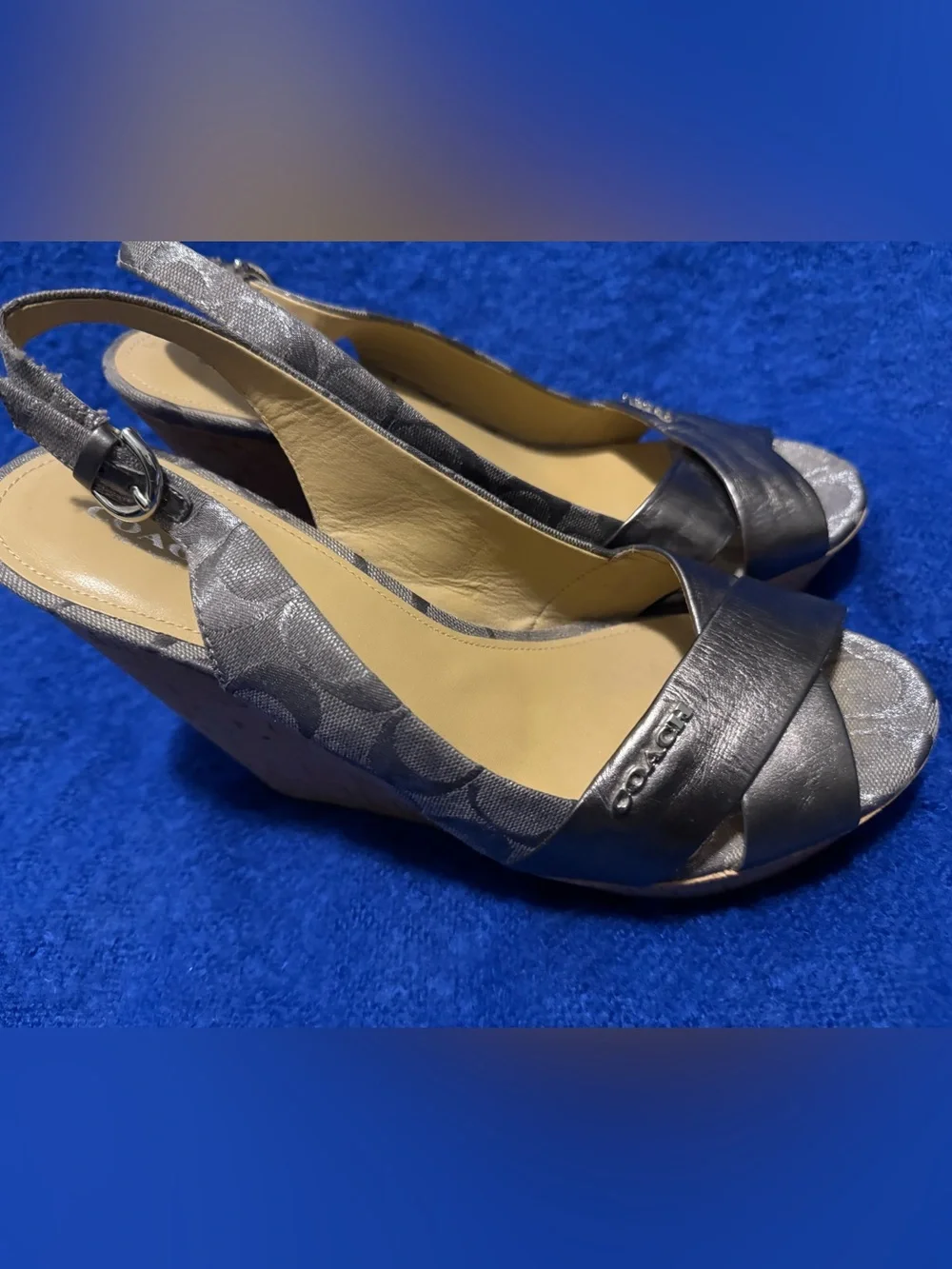 COACH FERRY WEDGES: Metallic Gray Slingback Sandals - Women